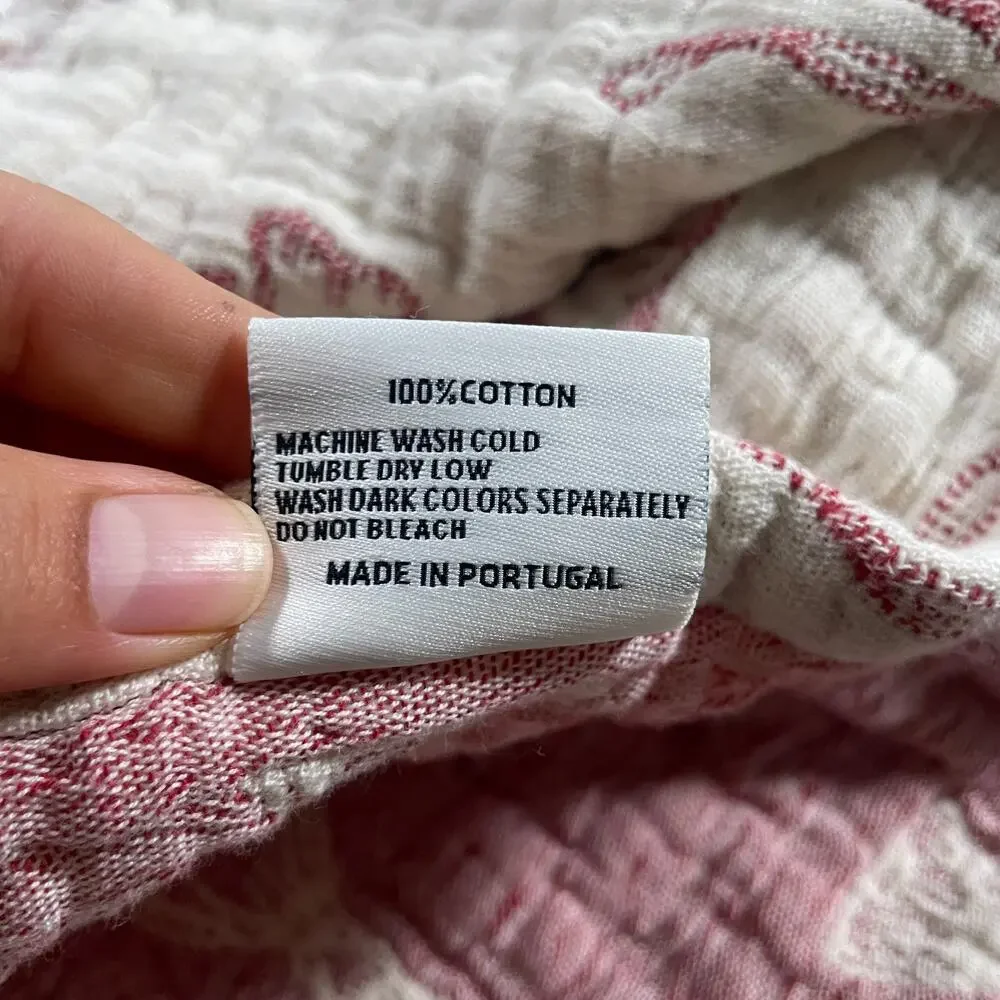 Piscatextil Reversible Throw Taupe Red Bow Fringe Made in Portugal